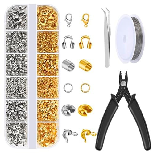FralnFit 1200 Pcs Crimp Beads Set, Brass Crimp Tube Bead, Lobster Clasps, Jump Rings, Crimp Ends, Open Mouth Beads, Beading Thread, Crimping Plier & Tweezer for DIY Jewelry Bracelet Necklace Making