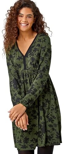 Roman Stretch Jersey Dress for Women UK - Ladies Gathered Waist A Line Swing Skater Fit & Flare A Line Winter Autumn Knee Length V-Neck Casual Smart Cocktail Party Going Out - Khaki - Size 10