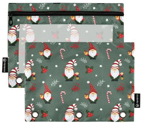 FRODOTGV Gnomes Holly Candy Canes Christmas Pencil Pouches for 3 Rings Binder Clear Binder Pockets Zipper Three Hole Pencil Pouches 2 Pack Pencil Case