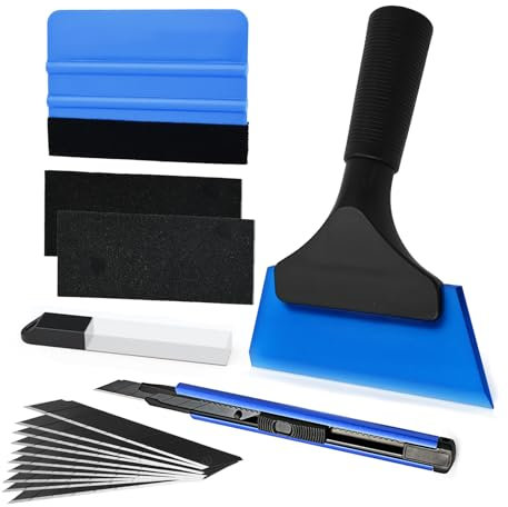 EHDIS 5 Stück Folierungs Werkzeug, Rakel Set für Folie, mit Scheibenabzieher Auto, Filzrakel, Cuttermesser und 10 Klingen, für Fensterfolie, Klebefolie, Möbelfolie, Blau