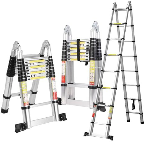 BOWEITI Teleskopleiter, zusammenklappbare Aluminiumleiter mit rutschfesten Füßen, leichte Wohnmobil-Kompaktleiter, Teleskopleiter für Wohnmobil, Haushalt, Outdoor, 150 kg Kapazität,