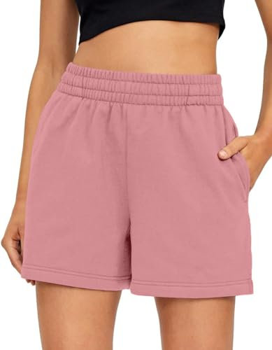 BUHIM Shorts Damen Kurze Hose Sommer Sport Shorts Baumwolle Casual Kurz Jogginghose Sporthose Bequeme High Waist Running Shorts mit Taschen (Rosa, M)