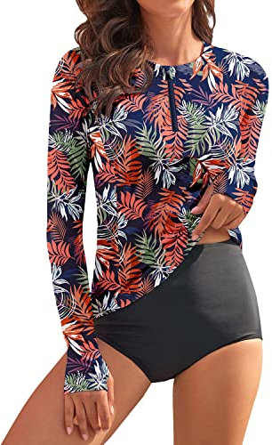 WOWENY Damen Schwimmshirt Langarm 1/4 Zip badeshirt Rashguard Sonnenschutz Swimsuits Bademode surf Shirt Strand Swimming Vest,PB,L