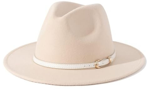 Bywenzai Männer Frauen Filz Top Hüte Fedora Panama Hüte Zylinder Mit Flacher Krempe Damen Französischer Filzhut Warmer Jazzhut Herren M(56-58Cm) Beige Mütze + Weißer Gürtel