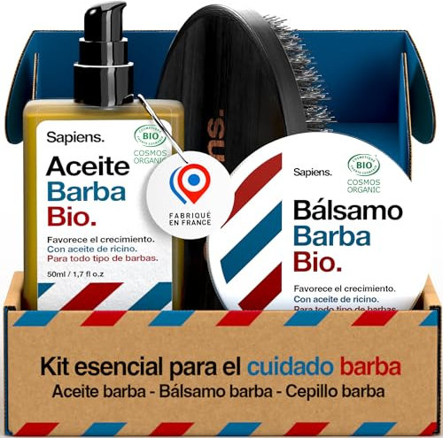 Sapiens Trio de Soin Barbe Homme - Huile Barbe Bio + Baume Barbe Bio + Brosse en Poils de Sanglier - Essentiels de Soins pour Barbe - Fabriqué en France