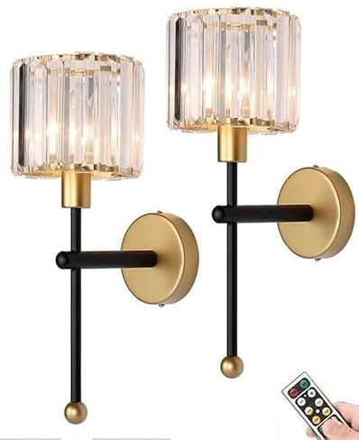 Non Hardwired Wall Sconces Battery Operated Wall Lights set of 2, Wireless Glass Wall Lighting Fixture with Remote & Rechargeable Bulbs, No Wires Lamp for Living Room Bedroom Bathroom Porch Corridor (