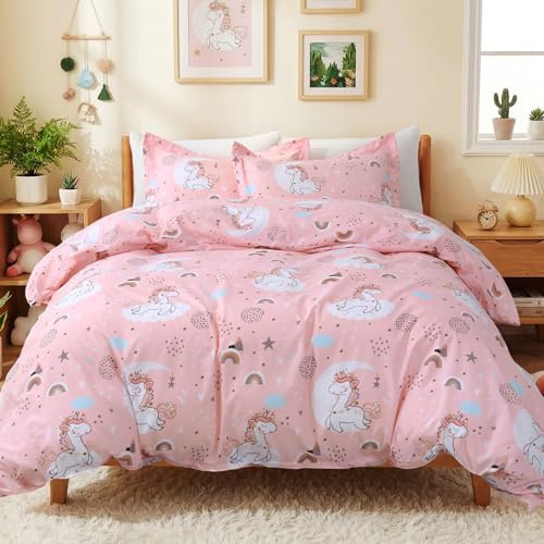 JSD Pink Unicorn Kids Duvet Cover Set Twin Size, 2 Piece Girls Print Microfiber Comforter Cover with Pillow Sham Zipper Closure, Comforter Not Included