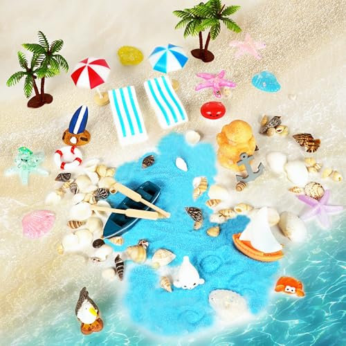 Strand Mikrolandschaft Miniatur Deko - 29 Stück Mini Strand und Meer Zubehör Set mit Strandkorb Liegestuhl Sonnenschirm Kleine Palmen Blauer Sand, Sommer Garten Puppenhaus DIY Ornament Geschenk