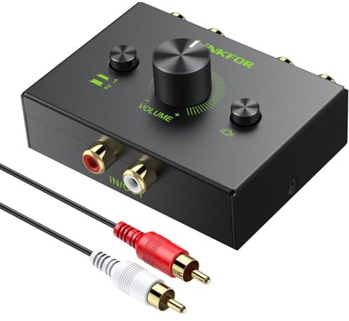 LiNKFOR Conmutador de Audio Estéreo RCA Bidireccional,Conmutador de Audio R/L con Control de Volumen 1 en 2 Salidas o 2 en 1 Salidas,Audio Switcher Sin Alimentación Externa para PC,Altavoz,Subwoofer