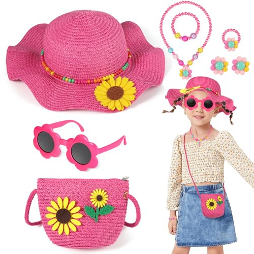 BTHRORO Chapeau de Paille et Petit Sac pour Filles, Ensemble de Chapeau de Soleil Décoré de Fleurs avec Lunette de Soleil Bijoux pour Enfants, Chapeau d'été à Larges Bords pour Les Voyages à la Plage