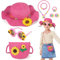 Sombrero de Paja para Niña y Bolso de Verano Set, con Gafas de Sol Pulsera Collar Anillo, Gorra Niña con Decoracion de Flores, Sombrero ala Ancha para el Sol Rosa Chica Bolso Playa