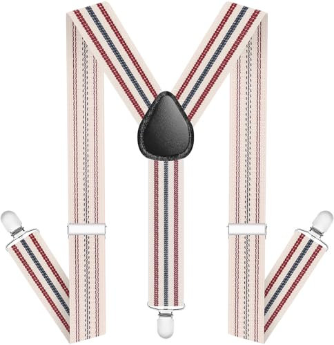 AUYAO Bretelles Homme Larges Réglables 3 Clips, Extra Larges en Y, Vintage et Tissu Épais (Rayures Beiges)