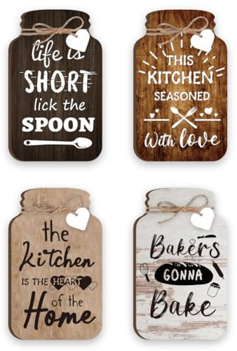 GOMAKERER Juego de 4 Tarros de Cocina para Decoración de Pared, con Texto en Inglés 'With Love', Letreros de Madera para Colgar, Decoración Inspiradora para Comedor