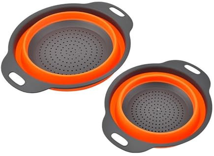 Surwin 2PC Colador de Cocina Plegable de Silicona, Portátil Escurridor Para Pasta, Frutas y Verduras (2 Piezas, Naranja)