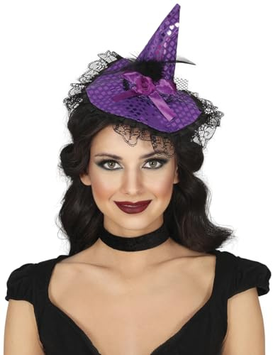 FIESTAS GUIRCA | Kostüm-Haarreif Hexenhut Damen - Lila-Schwarz - Minihut | Glänzendes Karo-Muster | Schleife & Rose | Schwarze Federn | Spitze & Schleier | Leicht | Halloween, Karneval & Fasching