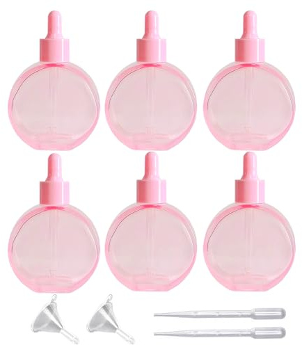 PYAWI 6Pcs 2 oz Glass Dropper Bottles for Essential Oils,60ml Pink flat round perfume bottle with Eye Droppers,for Oils,Perfumes,Serums,Leakproof for Travel (Pink)