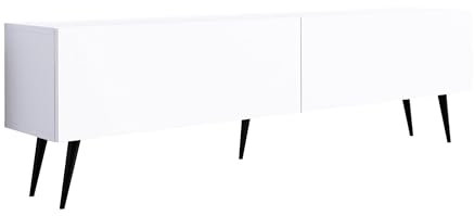 3E 3xE living.com Meuble TV : Deux Portes, Deux étagères, Couleur : Blanc Mat, Pieds Noirs D : L : 170 cm, H : 52 cm, P : 32 cm