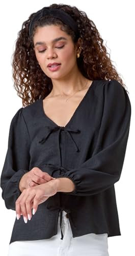 Roman Originals Plain Tie Front Woven Top for Women UK - Ladies Everyday Autumn Winter V-Neckline Comfy Soft Evening Vacation Work Party Night Out - Black - Size 16