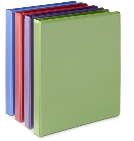 Amazon Basics Economy 3 Ring Binder, 1/2 Inch D-Ring, Easy Lock and Release, Holds up to 120 Sheets, 2 Pockets, Assorted Colors, 4-Pack