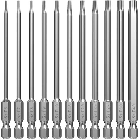 Lixiluxia 11 Pezzi Inserti per Cacciavite Torx Set, 100mm Inserti Lunghi per Avvitatore, Set di Punte per Cacciavite Elettrico, T6 T7 T8 T9 T10 T15 T20 T25 T27 T30 T40, Attacco Esagonale da 1/4