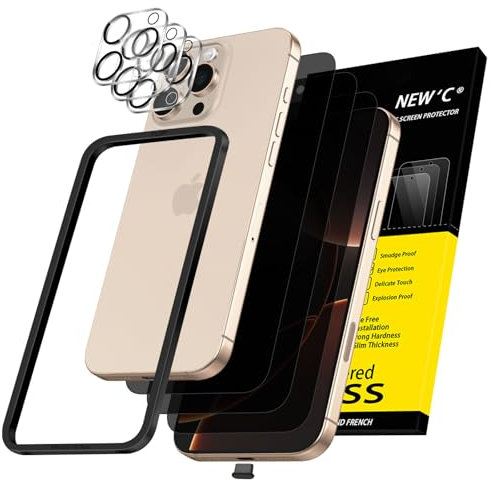 NEW'C 3x Privacy for iPhone 16 Pro Screen Protector (6.3 inches)+ 3x Camera Lens Protector, Sensor Protection, Case Friendly Tempered Glass Film + Dust Plug - Easy installation tool included