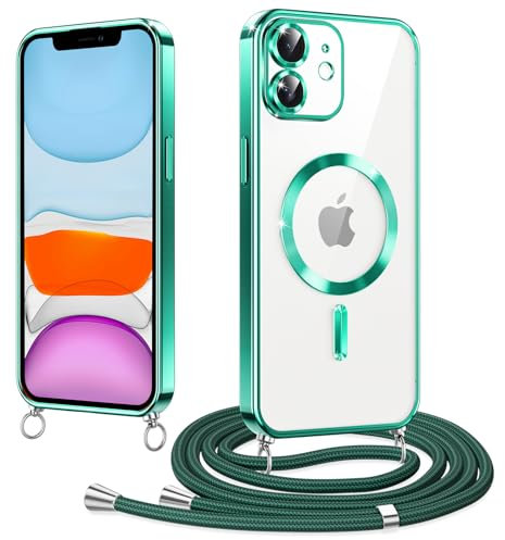 Woijrly Magnetische Handyband mit Band für iPhone 11 Hülle, [Kompatibel mit Magsafe] Handyhülle Case mit justierbarer Schnur Abnehmbar Strap, Crossbody Schutzhülle zum Umhängen Kordel, Grün