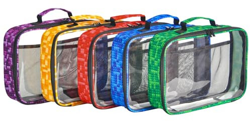 5 PCS Toys Storage Bags for kids,Travel Organizer Pouch Case for Lego Bricks, Puzzles, Building Blocks,Waterproof Colorful Print Design with Handle (Transparent)