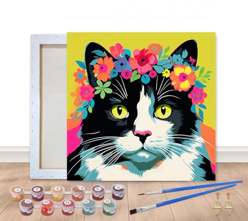 Bimkole Kit de pintura enmarcada por números para gatos adultos, pintura al óleo sobre lienzo con marco, juego de pintura por números para decoración de pared del hogar, 20 x 20 cm