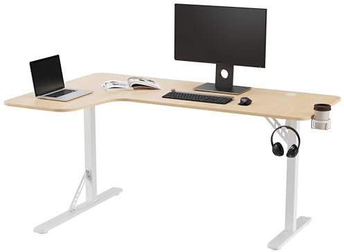 R-Desk 160 L Version Gauche Wood – Bureau d’Angle Bois Clair 160x100 cm – Plateau épais 1,6 cm en L – Pieds métal Blanc – Idéal télétravail, Gaming, Setup Multi-écrans
