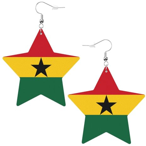 Weiße trendige Leder-Stern-Ohrringe für Frauen – Flagge von Ghana-Druck, baumelnder Schmuck, leichte modische Creolen-Anhänger, Einheitsgröße, Leder