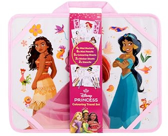 Disney Prinzessin Reise-Malkoffer | Tragbares Zeichen-Set für Kinder | Malset mit Stiften Aufklebern Schablonen | Kreatives Kunstset für Mädchen Bastelset für Unterwegs und Zuhause (DP252344)