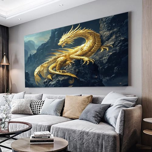 MKBKLI Wandbilder Dekoration Wohnzimmer Goldener Drache Bilder 60x120cm | auf Leinwand Leinwandbild Schlafzimmer Küche Deko Wand Kunstdruck Art Groß XXL Wanddeko Bild Wall Decor Canvas