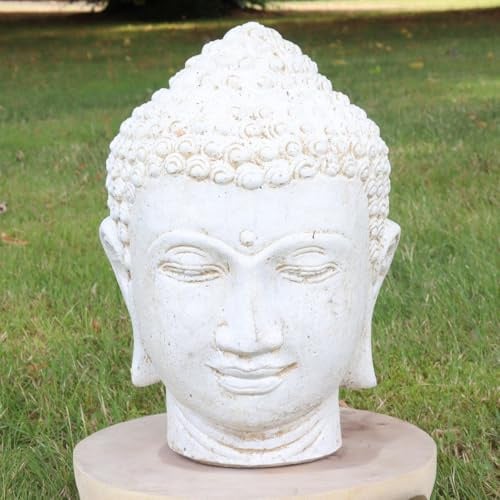 Oriental Galerie Buddha Kopf Head Steinfigur Skulptur Stein Lavasand Bali Garten Deko handgefertigt aus Bali Weiß 33 cm