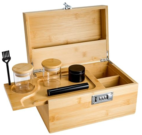 Bamboo Storage Box with Lock Removable Divider Organizer Stash Box Beige | Bamboo Organizer Box airtight glass jars compartments stainless mill storage solution for kitchen bathroom valuables