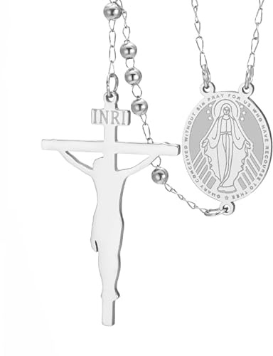 Dreamtimes Rosenkranz Perlen Katholische Halskette Jungfrau Maria/St. Christopher Halskette Gebetsrosenkränze mit Jesus Kreuz Edelstahl Gebetsrosenkranz Halsketten für Frauen