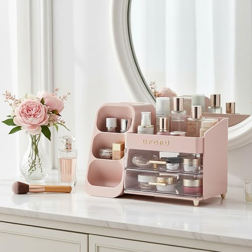 Qivange Cosmetic Storage Box with Drawers Makeup Organiser Case for Vanity with Make Up Brush Holder Skincare Organiser Vanity Organizer for Cosmetics Skincare 35x19x25cm(pink)