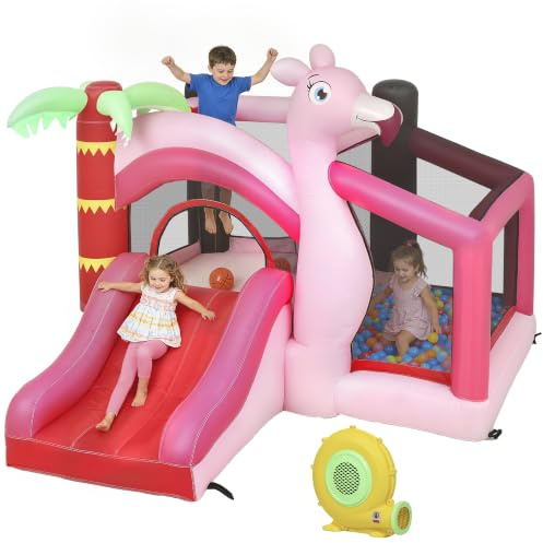 AIYAPLAY Castillo Hinchable para Niños con Soplador 255x230x196 cm | con Tobogán, Cama Elástica, Piscina de Pelotas, Canasta de Baloncesto, Diseño de Flamenco