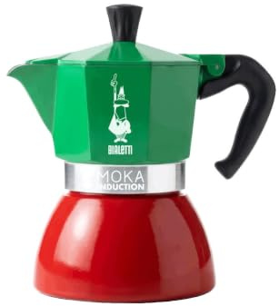 Bialetti - Moka Induction, 4 Tazze (190 ml), Adatta a Tutti i Piani Cottura, Tricolore | Base in Acciaio, Adatta ai Piani ad Induzione