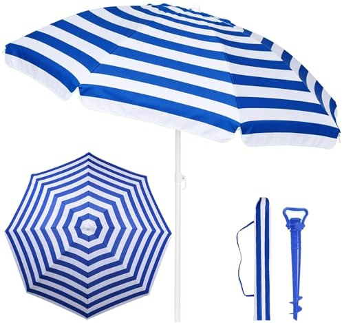 MIMOCASA Sombrilla Playa, Protección UV+50, Sombrilla Antiviento, Soporte Metálico, Mástil Inclinable y Regulable Altura, Bolsa Transporte y Soporte Arena (Azul+Blanco, 180cm)