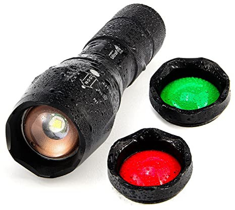 Ultrafire Linterna LED Linterna Táctica A100, Rojo/Verde/LED De Luz Blanca De La Linterna,Impermeable 900 Lumens Zoomable Lente de cristal de intercambio de 3 colores Para La Pesca Caza