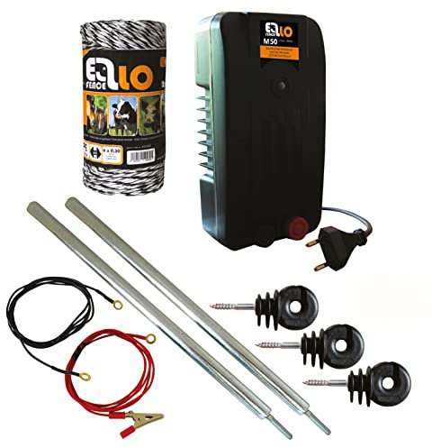 Ellofence Hobby Weidezaun Starterset komplett mit Weidezaungerät, Weidezaunlitze, Erdpfahl und Isolatoren - Extrem leises Gerät ! 230V
