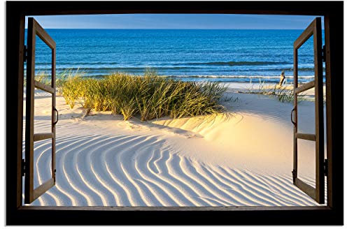decomonkey - Impression sur Toile Plage Mer Nature 120x80 1 Pièce - Tableau Décoration Appartement Cadre en Bois Déco Salon Peinture sur Toile Maison Paysage mer sable plage vue depuis la fenêtre