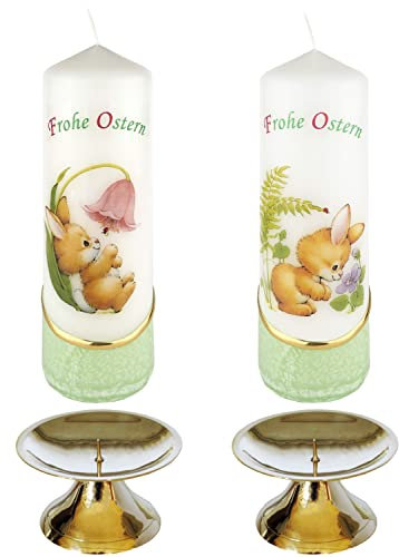 AUSWAHL * 2 Stück Osterkerze Stumpenkerze Osterdeko * 6 x 18 cm * inkl. 2 Kerzenständer aus Messing * mit farbigen Wachs- und Bildauflagen * AUSWAHL Motiv + Farbe * grün * (Serie 1 - Set 01/02)