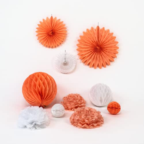 DECORAMI Eco Deko Gesamt Set Apricot Weiß | Partydekoration | Raumdekoration | 10-teilig Pompoms, Fächer & Wabenbälle | Wiederverwendbar, biologisch abbaubar & plastikfrei