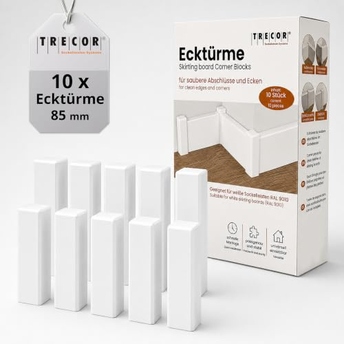 Eckstäbe, Ecktürme, Innenecken Außenecken aus Holz (lackiert) für weiße Sockelleisten, Inhalt: 10 Stück (85 x 21 x 21 mm (E5), weiss)