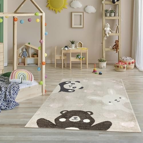 Jimri Teppich Kinderzimmer - Teppiche für Kinderzimmer, Kinderteppich, Kinderteppich Mädchen, Bär, Hase, Panda, Herz, (Beige, Größe: 160x230 cm)
