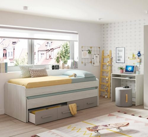 Dmora - Kinderbett Spokane, Bettgestell für Schlafzimmer, Einzelbett mit ausziehbarem Bett und 4 Schubladen, 198 x 96 x 69 cm, Weiß und Braun