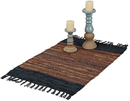 Relaxdays Flickenteppich, 60 x 110 cm, Baumwolle & Leder, Teppichläufer mit Fransen, rutschfest, Fleckerlteppich, braun