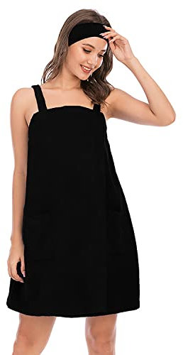 Verve Jelly Women's Bath Wrap Towel Dress with Adjustable Straps Bath Wrap Set with Headband Pocket Solid Color Wrap Towel Bath Cover Up Towel Bathrobe Home Robe Black XL