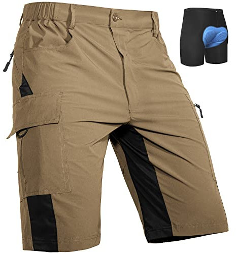 Cycorld MTB Hose Herren Radhose, Schnelltrocknend MTB Shorts mit Sitzpolster, Elastische Farradhose Outdoor Sport Mountainbike Hose Herren (Khaki mit Unterwäsche, 3XL)